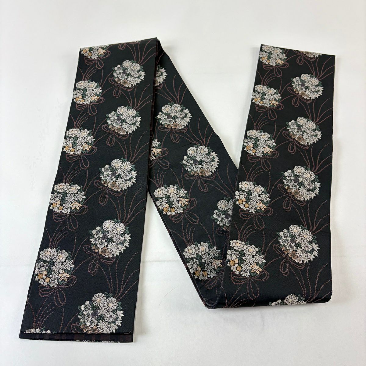 【美品】半幅帶 優品級 藥玉 菊花 墨色 化纖