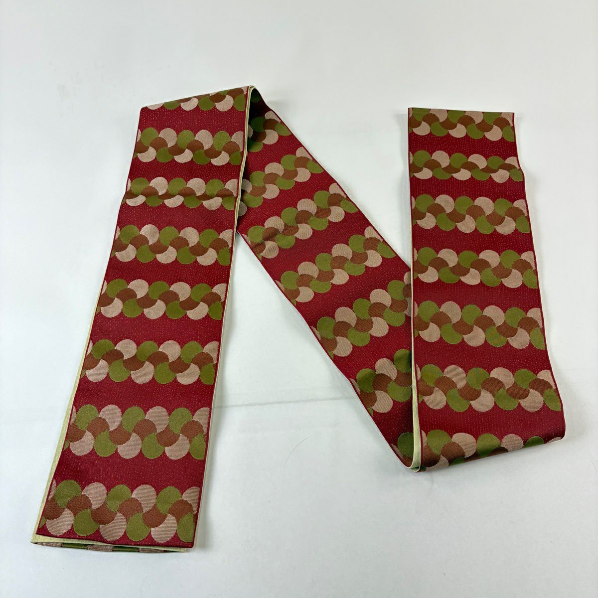 【美品】半幅帶 優品級 幾何學圖案 深紅 化纖