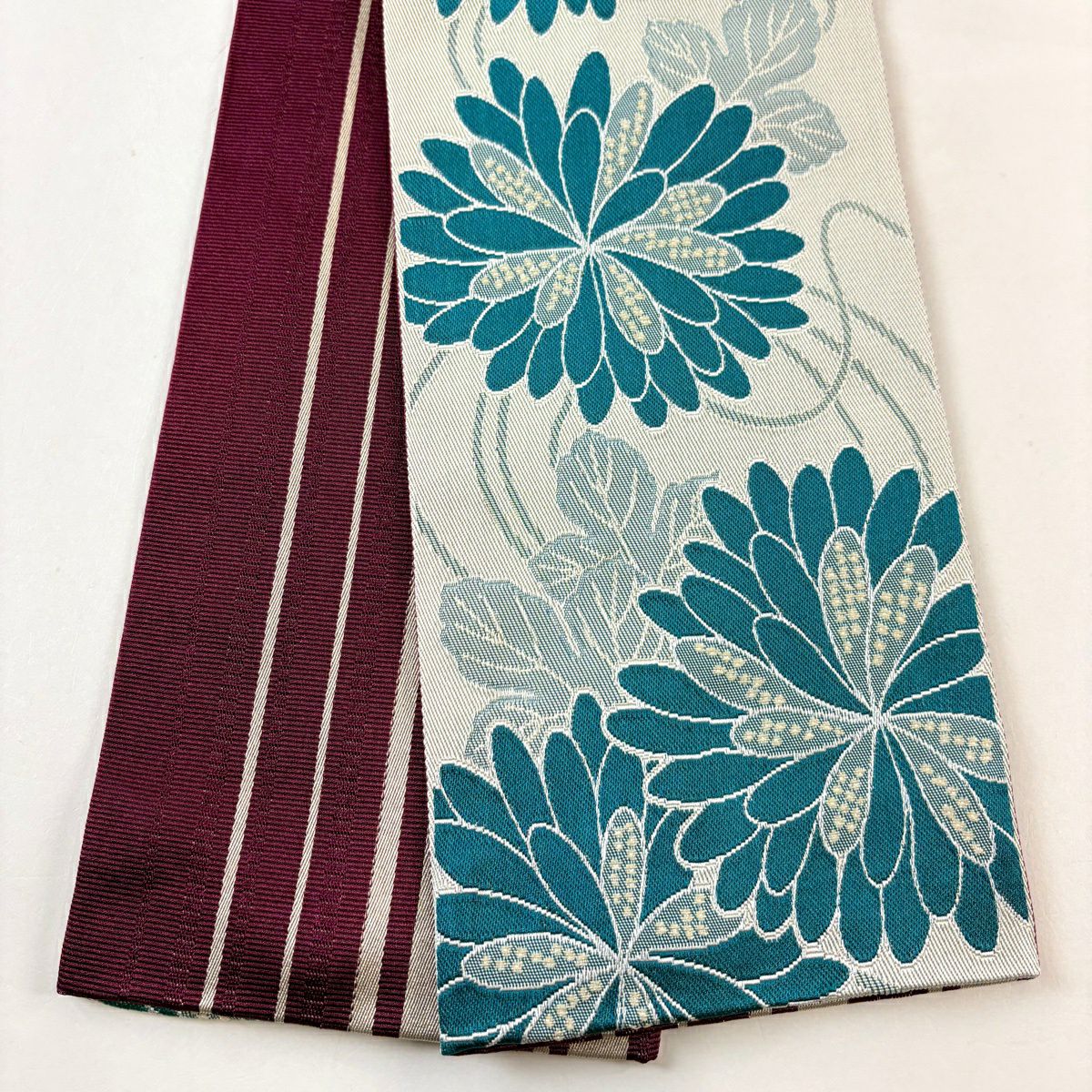 【美品】半幅帶 優品級 菊花 縞 青綠 化纖