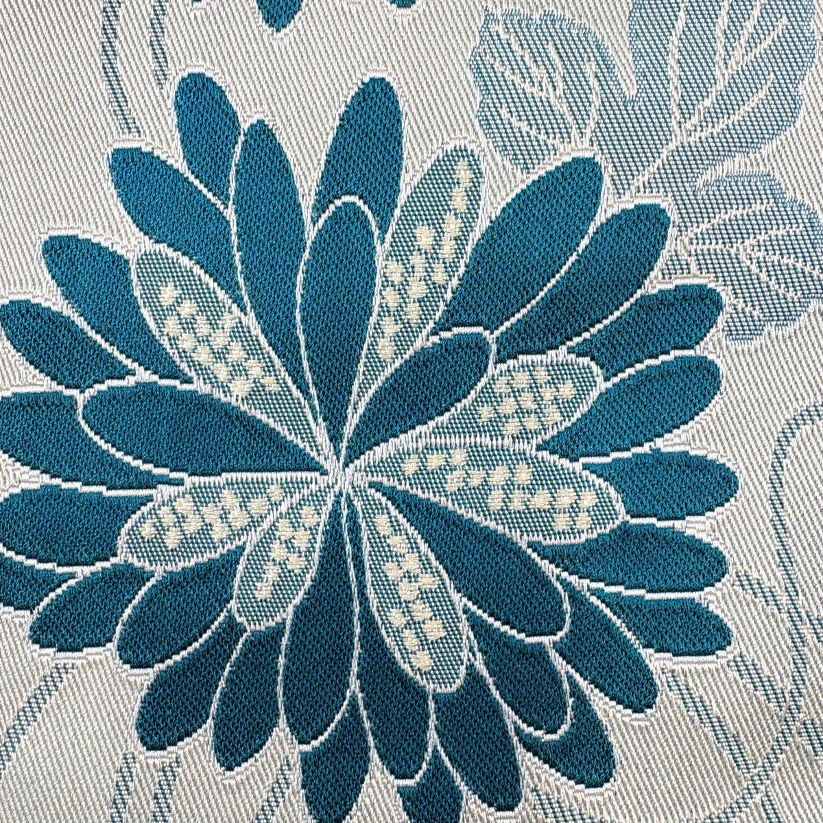 【美品】半幅帶 優品級 菊花 縞 青綠 化纖