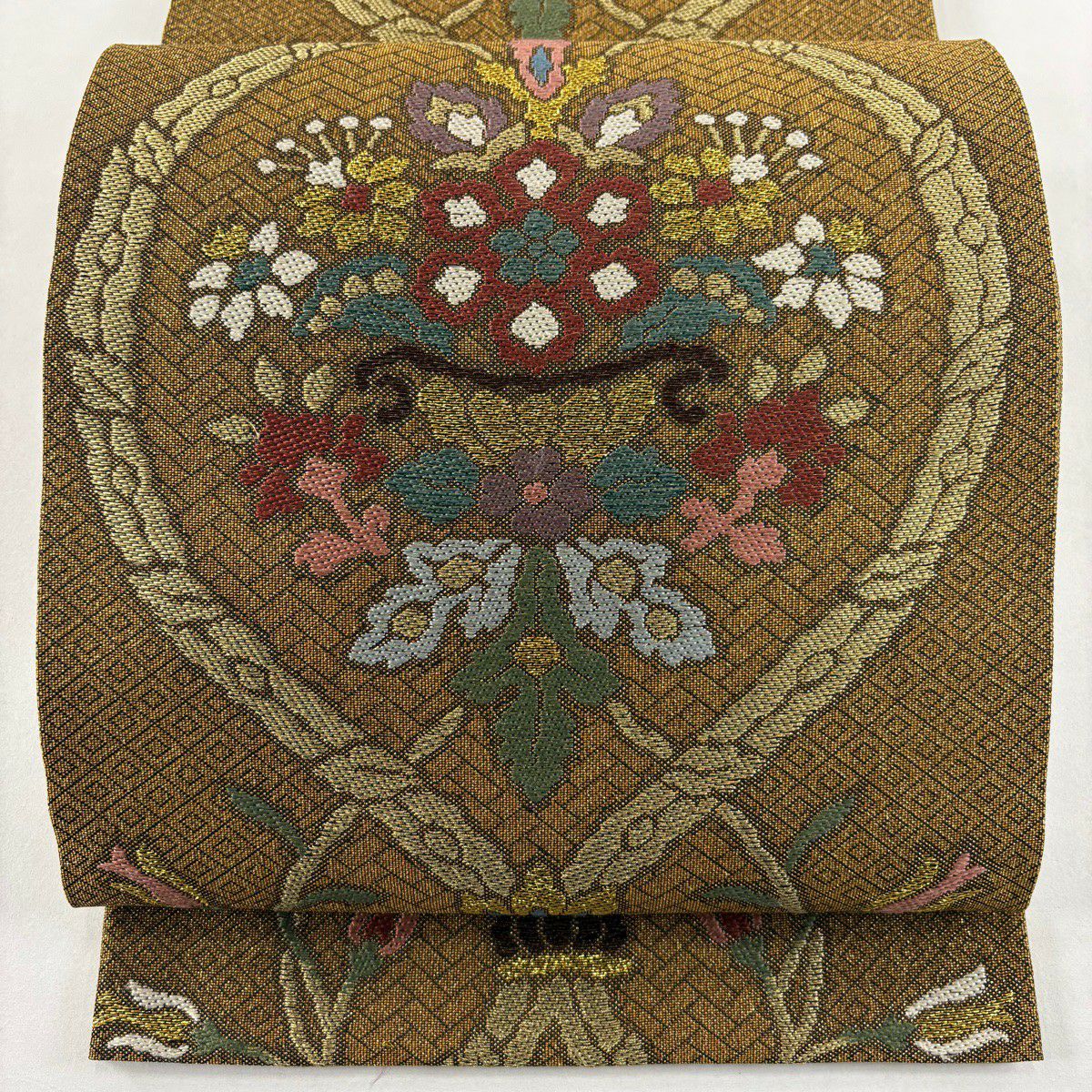 【美品】 袋帶 名品級 草花紋 金糸 茶 六通 純蠶絲