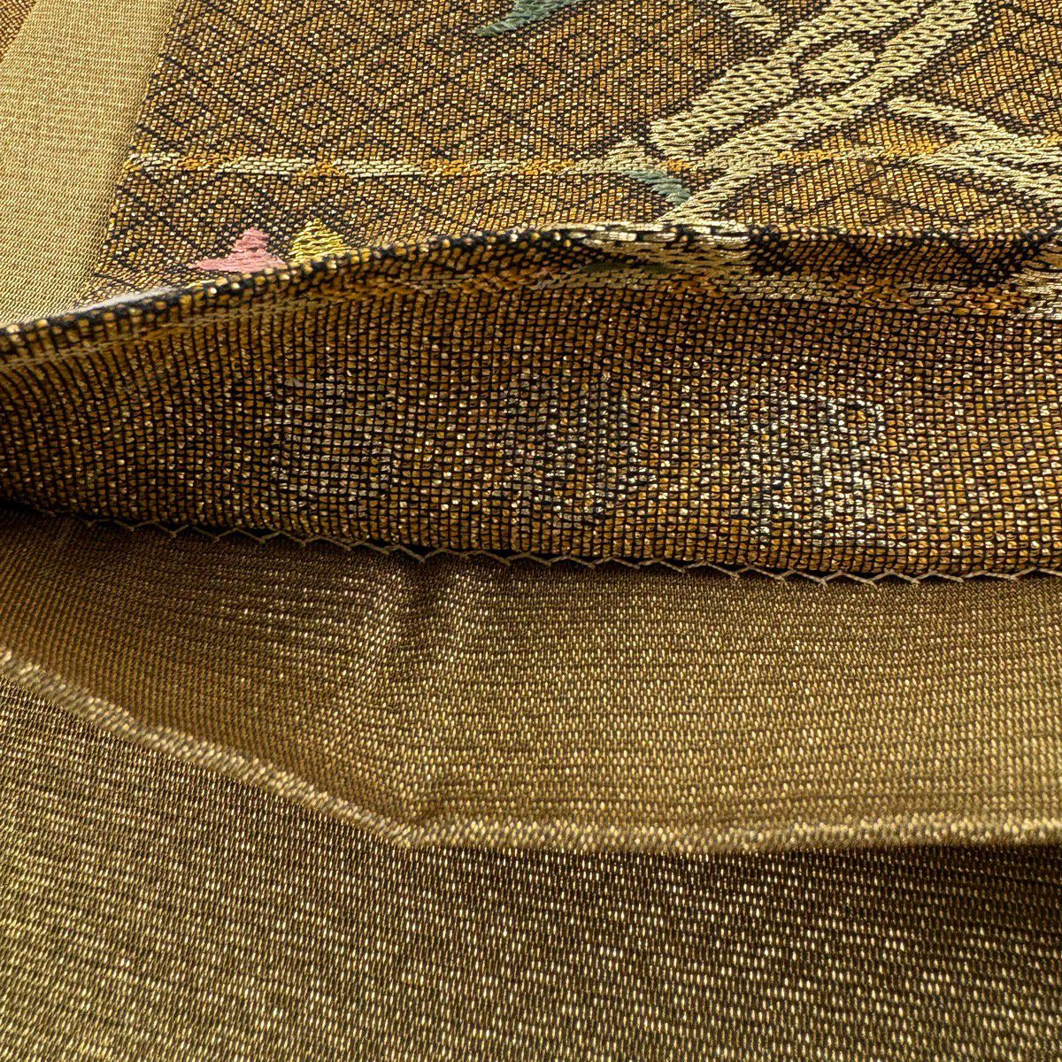 【美品】 袋帶 名品級 草花紋 金糸 茶 六通 純蠶絲