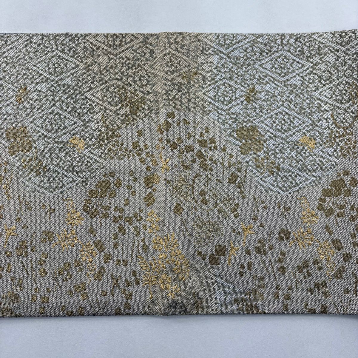 袋帶 名品級 落款 草花紋 鳥 金絲 灰綠 全通 純蠶絲