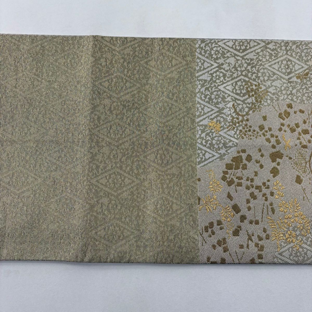 袋帶 名品級 落款 草花紋 鳥 金絲 灰綠 全通 純蠶絲