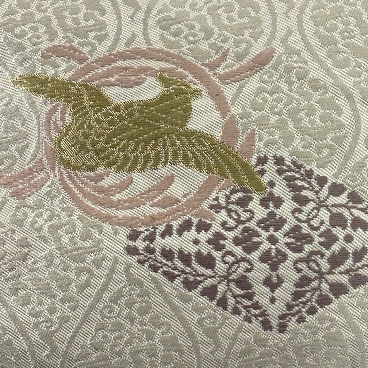 【美品】 袋帶 名品級 鳥 草花紋 金糸 奶油 六通 純蠶絲