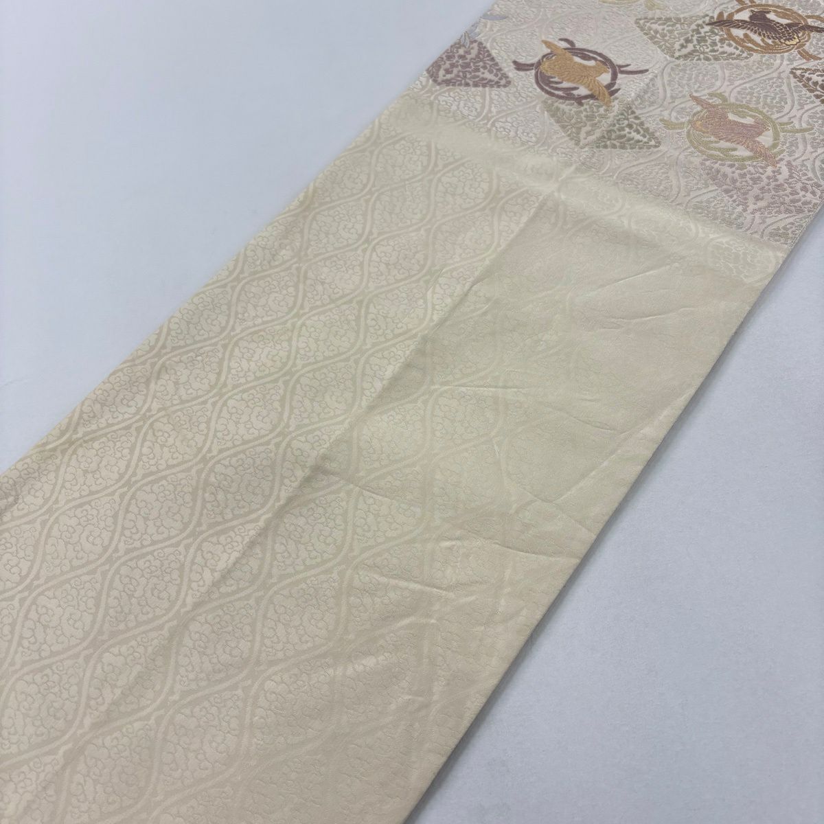 【美品】 袋帶 名品級 鳥 草花紋 金糸 奶油 六通 純蠶絲