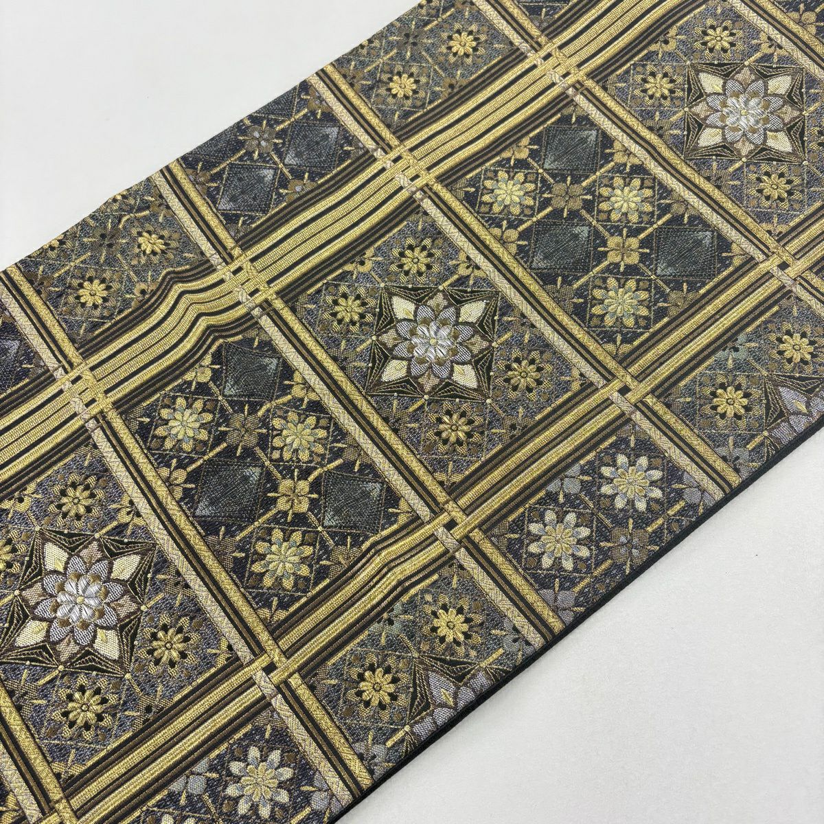 【美品】 袋帶 名品級 華紋 花 金銀彩 青灰 六通 純蠶絲