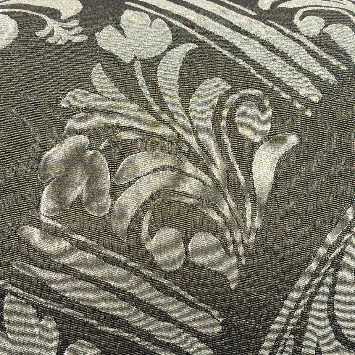 【美品】 袋帶 名品級 じゅらく 落款あり 草花紋 銀糸 灰綠 六通 純蠶絲