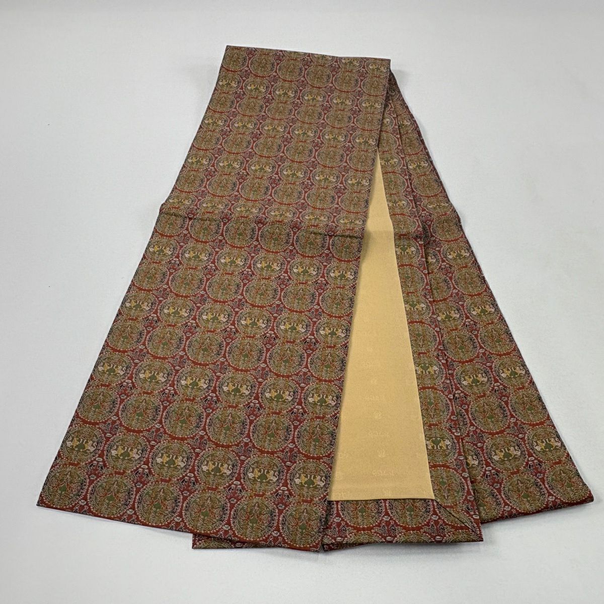 【美品】 開口名古屋帶 名品級 龍村美術織物 比翼仕立 單層 紅茶 純蠶絲
