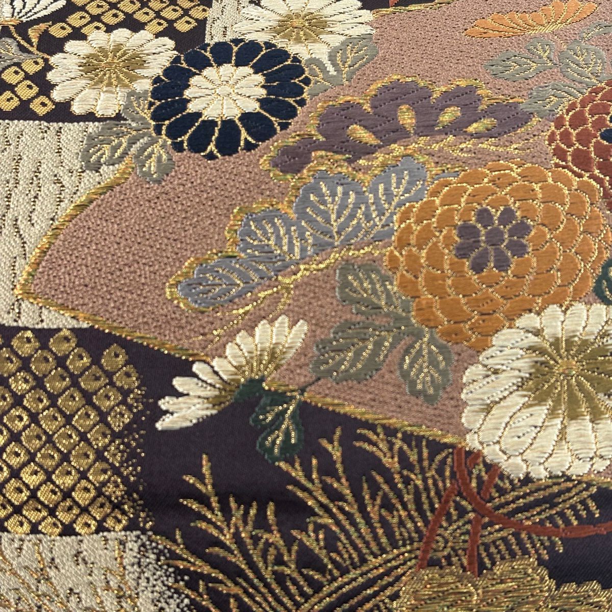 袋帶 名品級 扇子 草花紋 金糸 濃紫 六通 純蠶絲