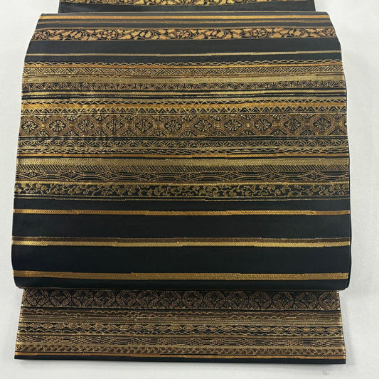 【美品】 袋帶 名品級 加納幸 草花紋紋 縞 金糸 金金箔 黑 六通 純蠶絲