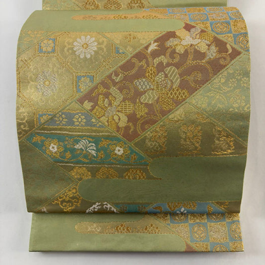 【美品】 袋帶 名品級 じゅらく 落款あり 蜀江文 花唐草紋 金糸 金金箔 薄綠 六通 純蠶絲