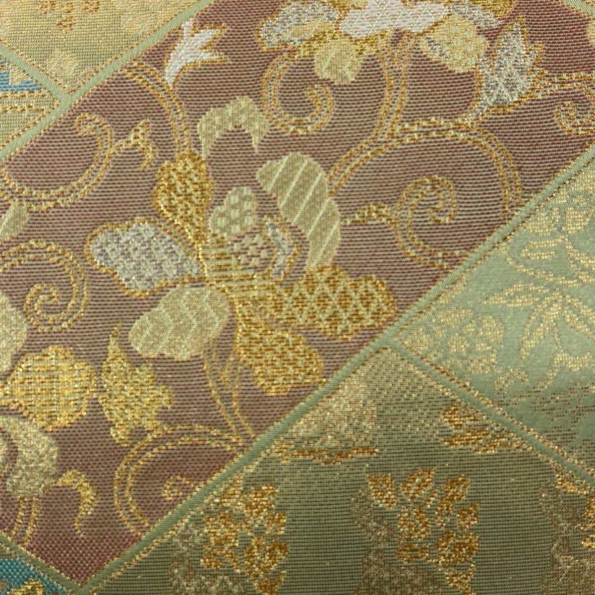【美品】 袋帶 名品級 じゅらく 落款あり 蜀江文 花唐草紋 金糸 金金箔 薄綠 六通 純蠶絲