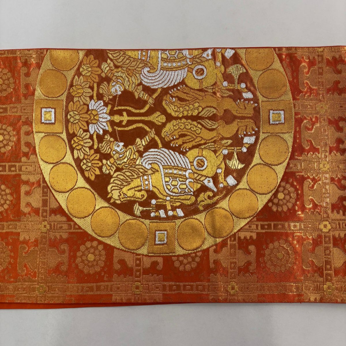 【美品】 袋帶 名品級 落款あり 本家加納 狩獵文 花 金銀彩 金金箔 橙色 六通 純蠶絲