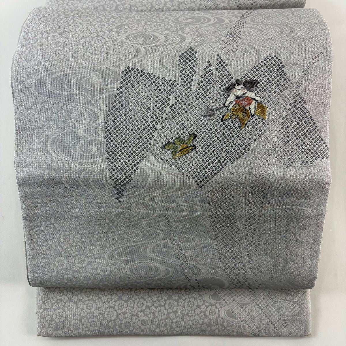 袋帶 名品級 金太郎 兜 灰 深藍色 お太鼓圖案 純蠶絲