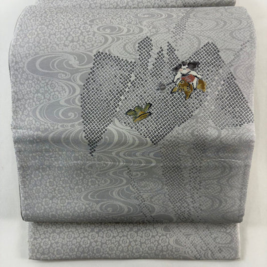 袋帶 名品級 金太郎 兜 灰 深藍色 お太鼓圖案 純蠶絲