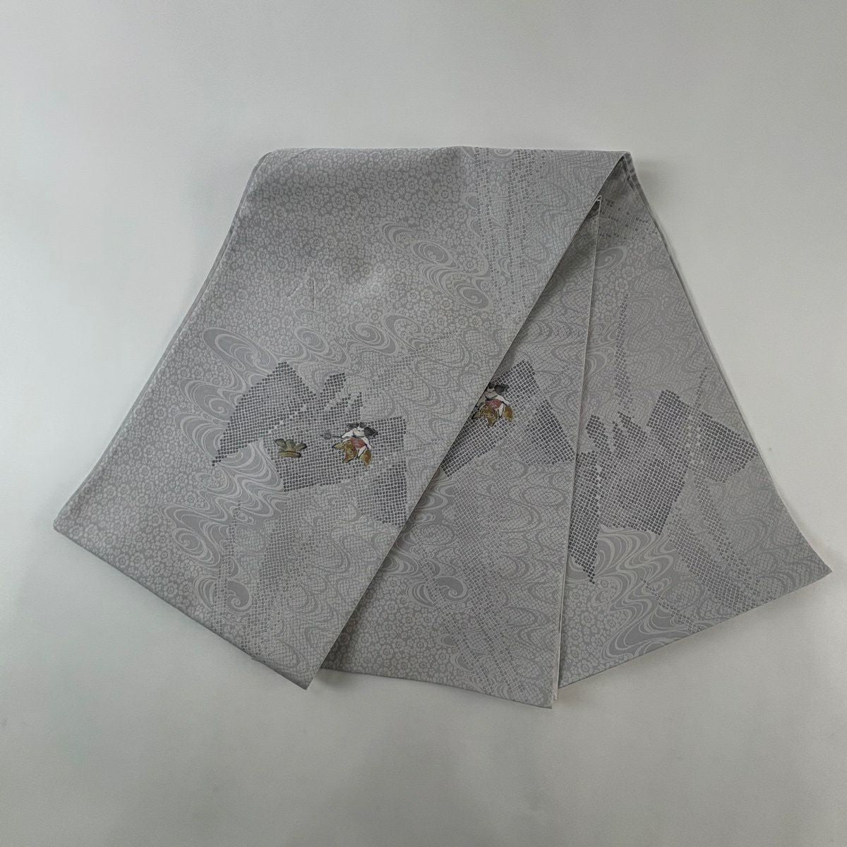 袋帶 名品級 金太郎 兜 灰 深藍色 お太鼓圖案 純蠶絲