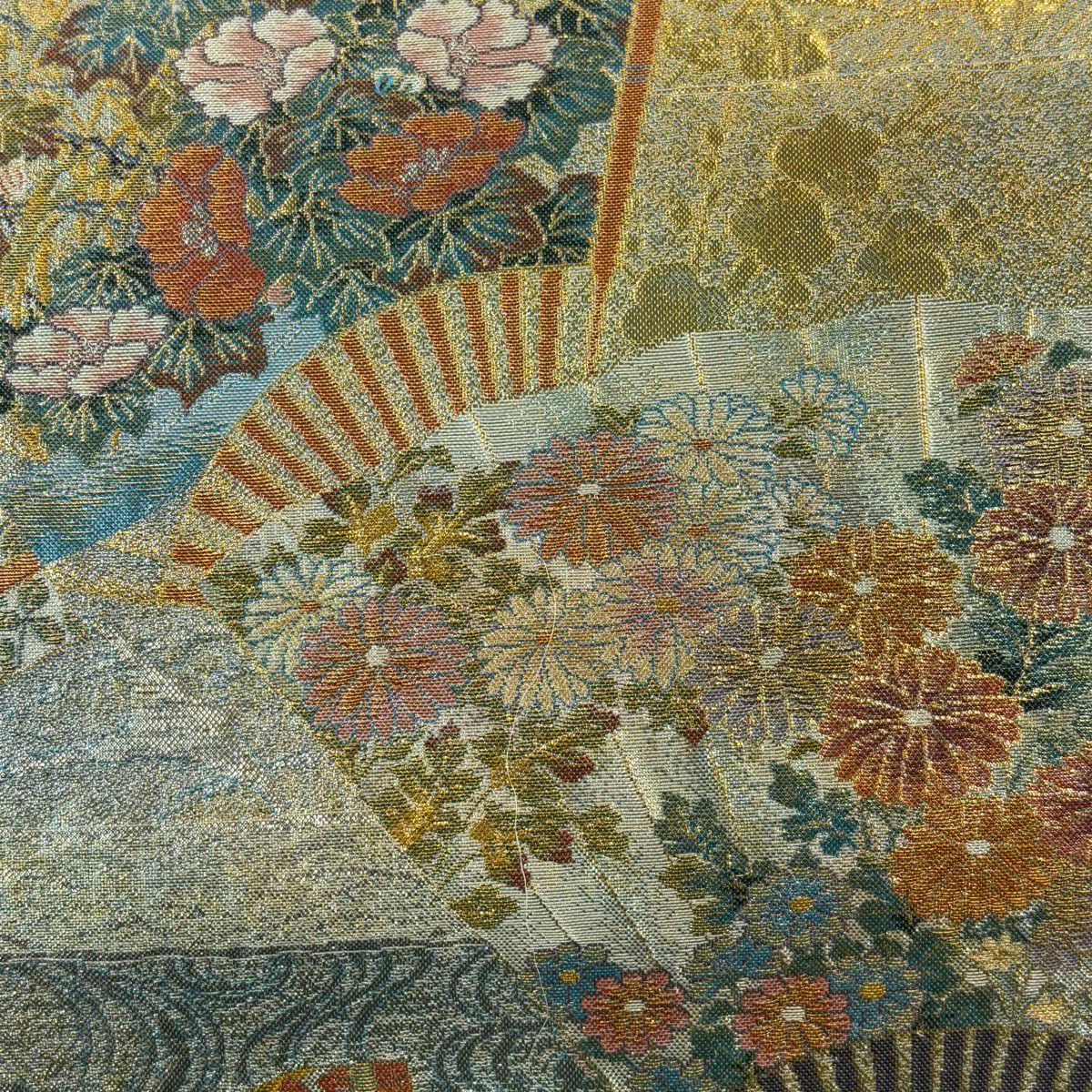 【美品】 袋帶 名品級 扇子 草花紋 金金箔 青灰 深藍色 六通 純蠶絲
