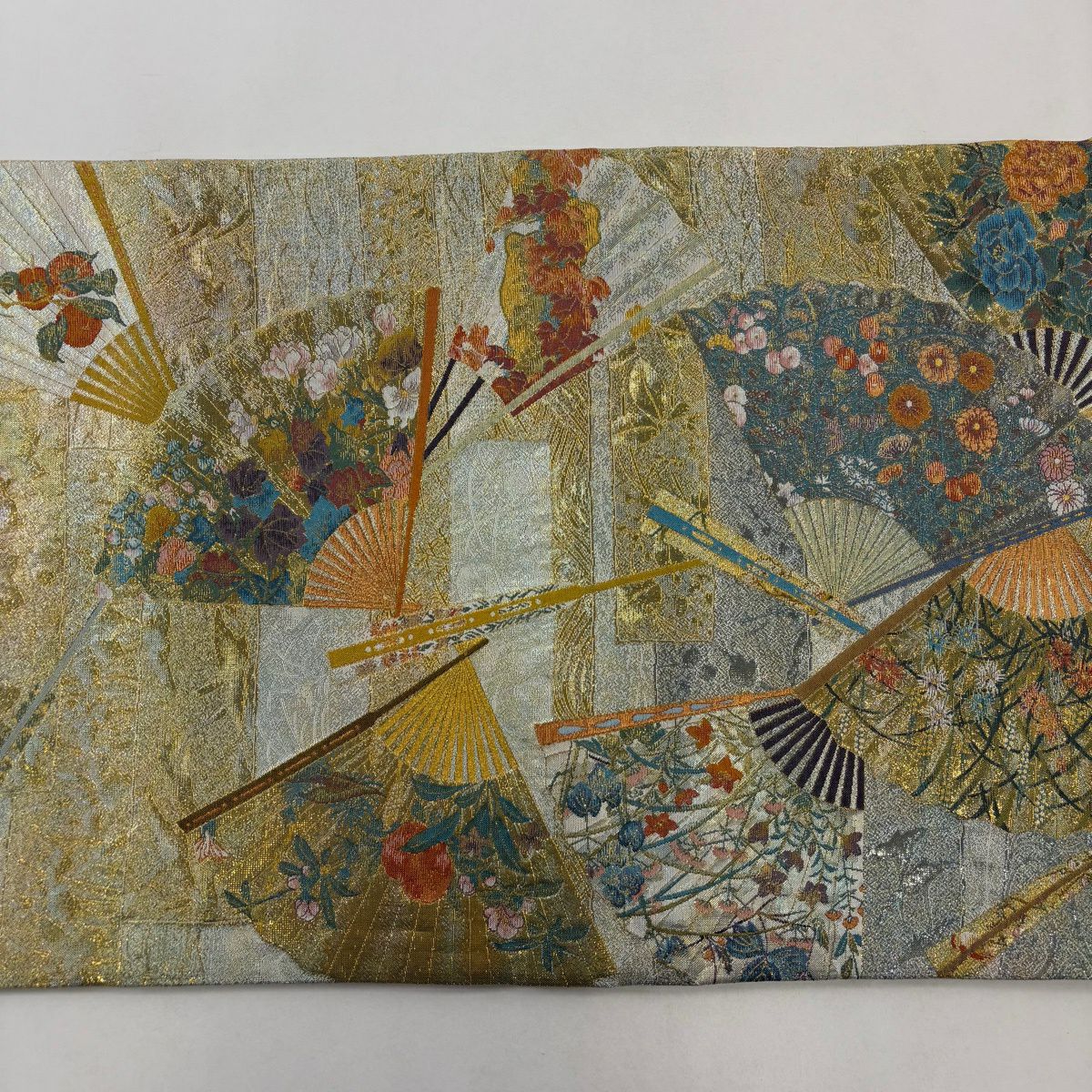 【美品】 袋帶 名品級 扇子 草花紋 金金箔 青灰 深藍色 六通 純蠶絲