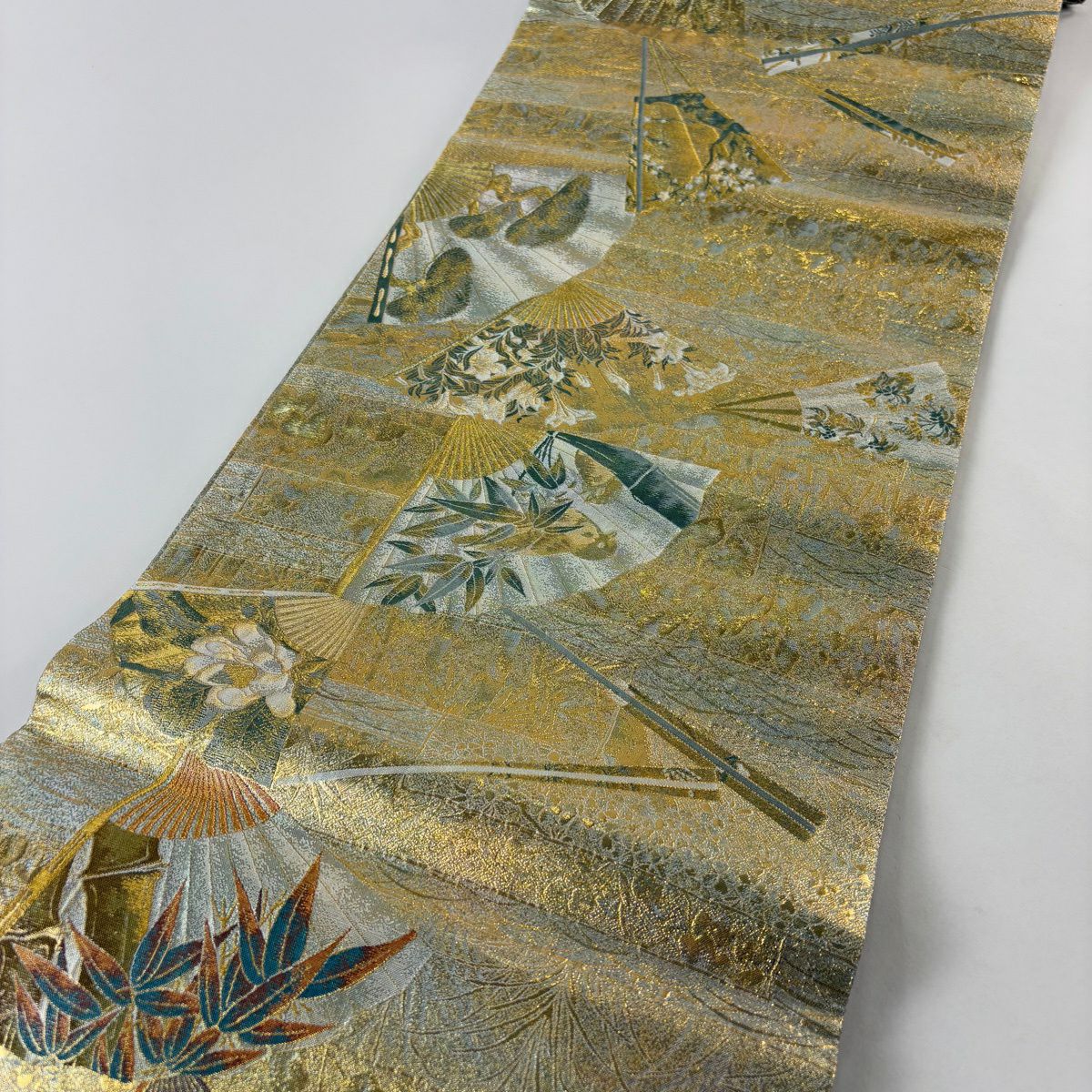 【美品】 袋帶 名品級 扇子 草花紋 金金箔 青灰 深藍色 六通 純蠶絲