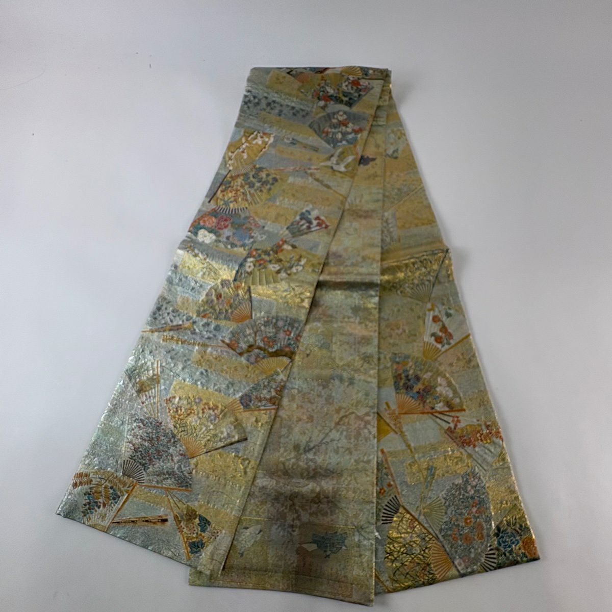 【美品】 袋帶 名品級 扇子 草花紋 金金箔 青灰 深藍色 六通 純蠶絲