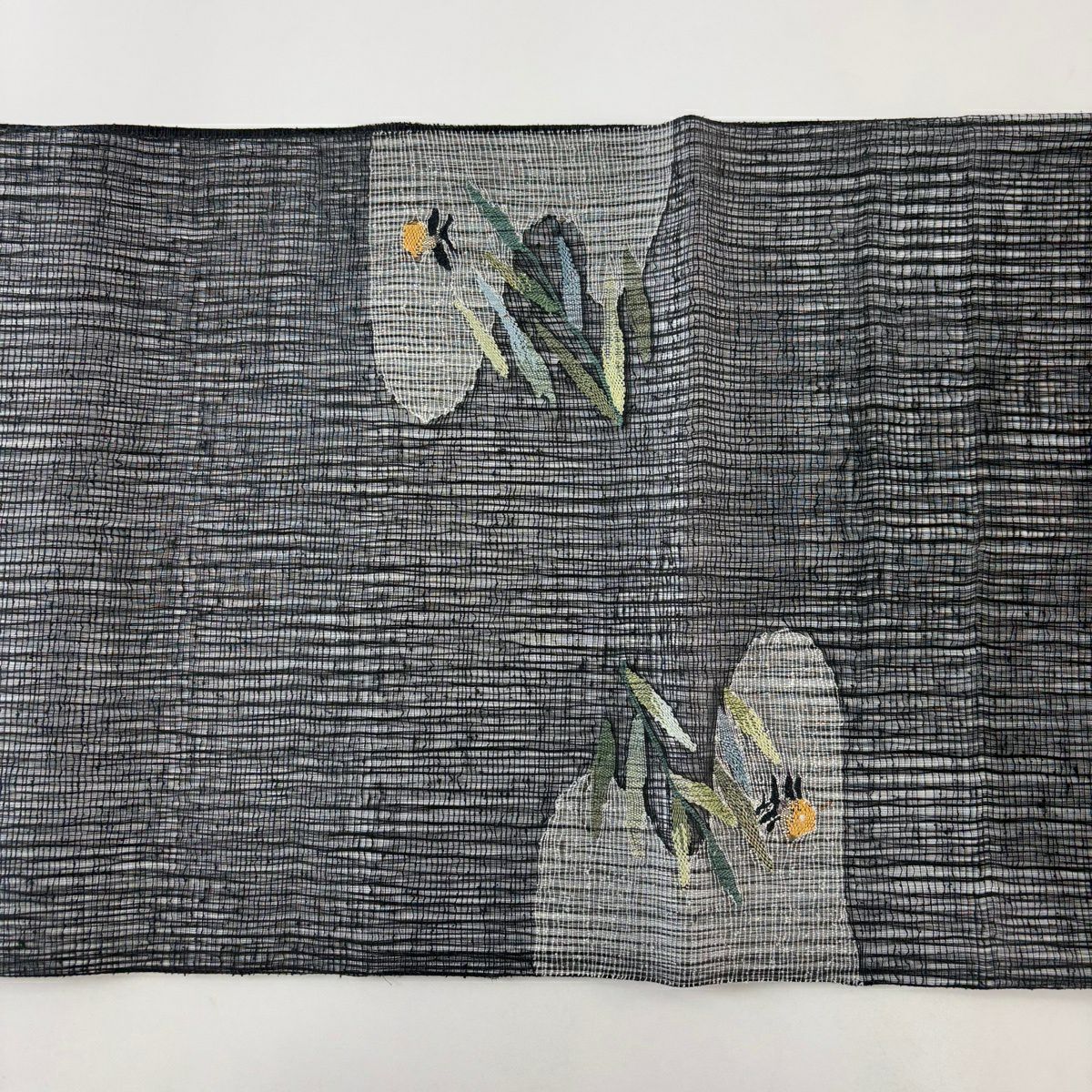 袋帶 名品級 夏帶 葉紋 螢光 銀線 墨 黑色 お太鼓紋 純蠶絲