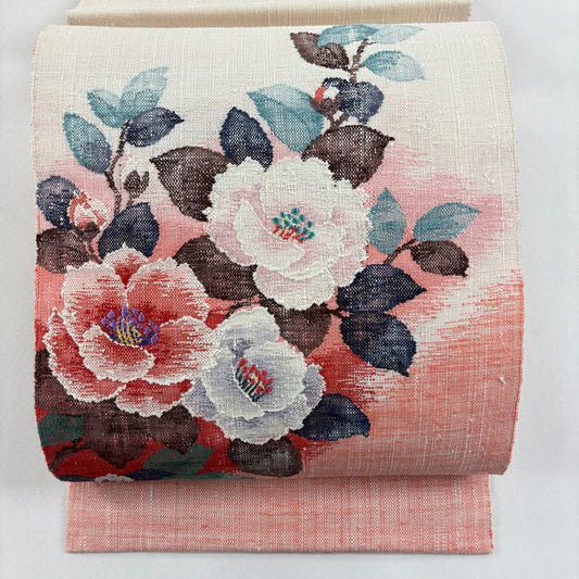 【美品】 名古屋帶 名品級 八寸名古屋帶 松樹葉仕立 草花紋 薄粉紅 純蠶絲