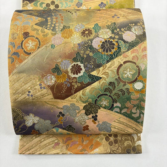 袋帶 名品級 草花紋紋 葡萄 金銀彩 螺鈿 金色 大鼓圖案 純蠶絲