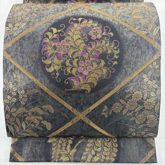 【美品】 袋帶 名品級 帝王紫 附款 草花紋 圓文 金絲 金金箔 黑 六通 純蠶絲