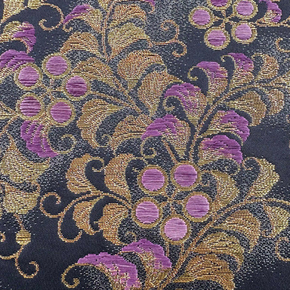 【美品】 袋帶 名品級 帝王紫 附款 草花紋 圓文 金絲 金金箔 黑 六通 純蠶絲