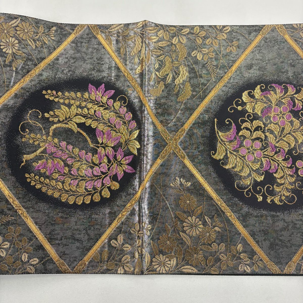 【美品】 袋帶 名品級 帝王紫 附款 草花紋 圓文 金絲 金金箔 黑 六通 純蠶絲