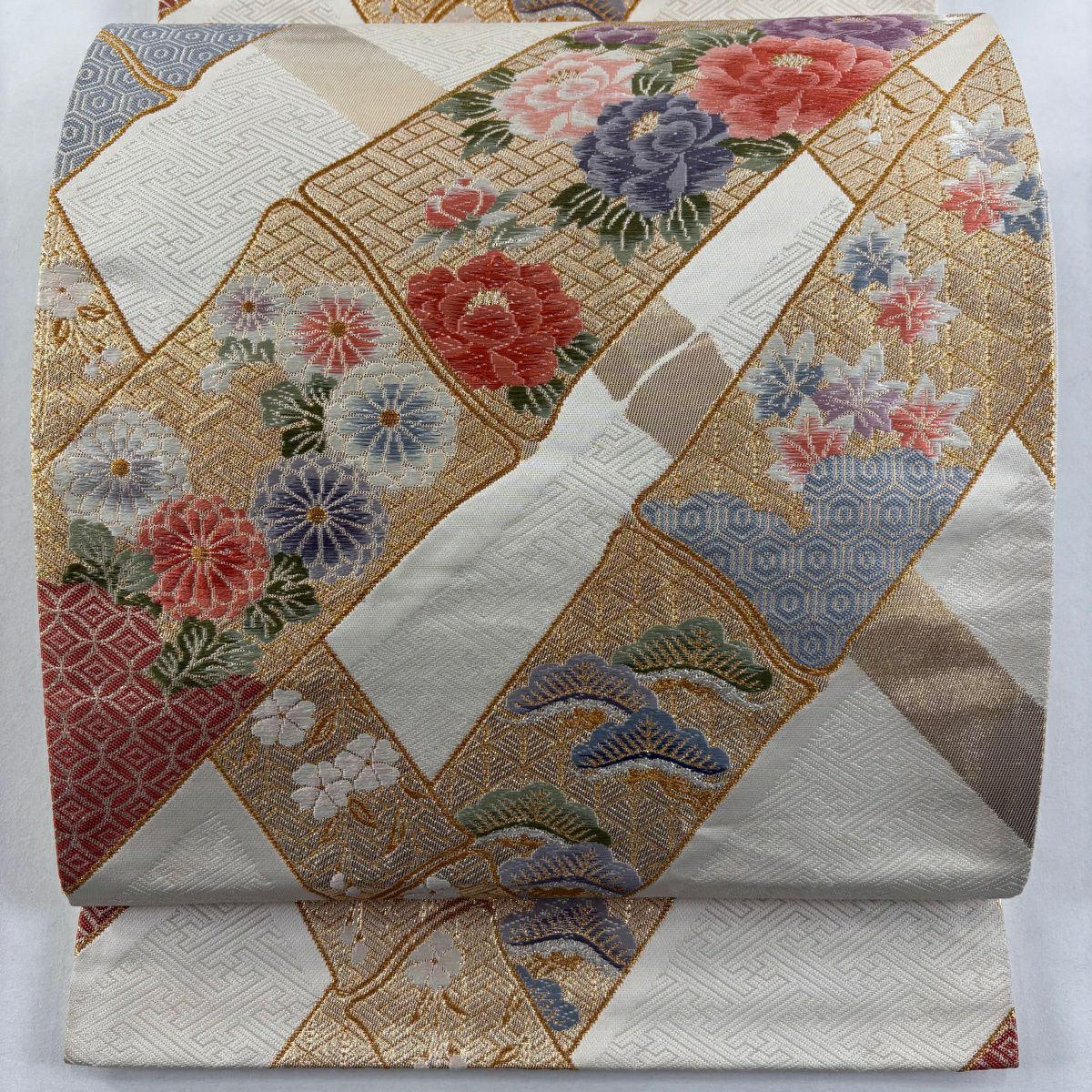 袋帶 名品級 證書齊全 竹子 草花紋 金絲 金金箔 奶油 六通 純蠶絲