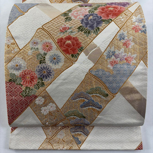袋帶 名品級 證書齊全 竹子 草花紋 金絲 金金箔 奶油 六通 純蠶絲