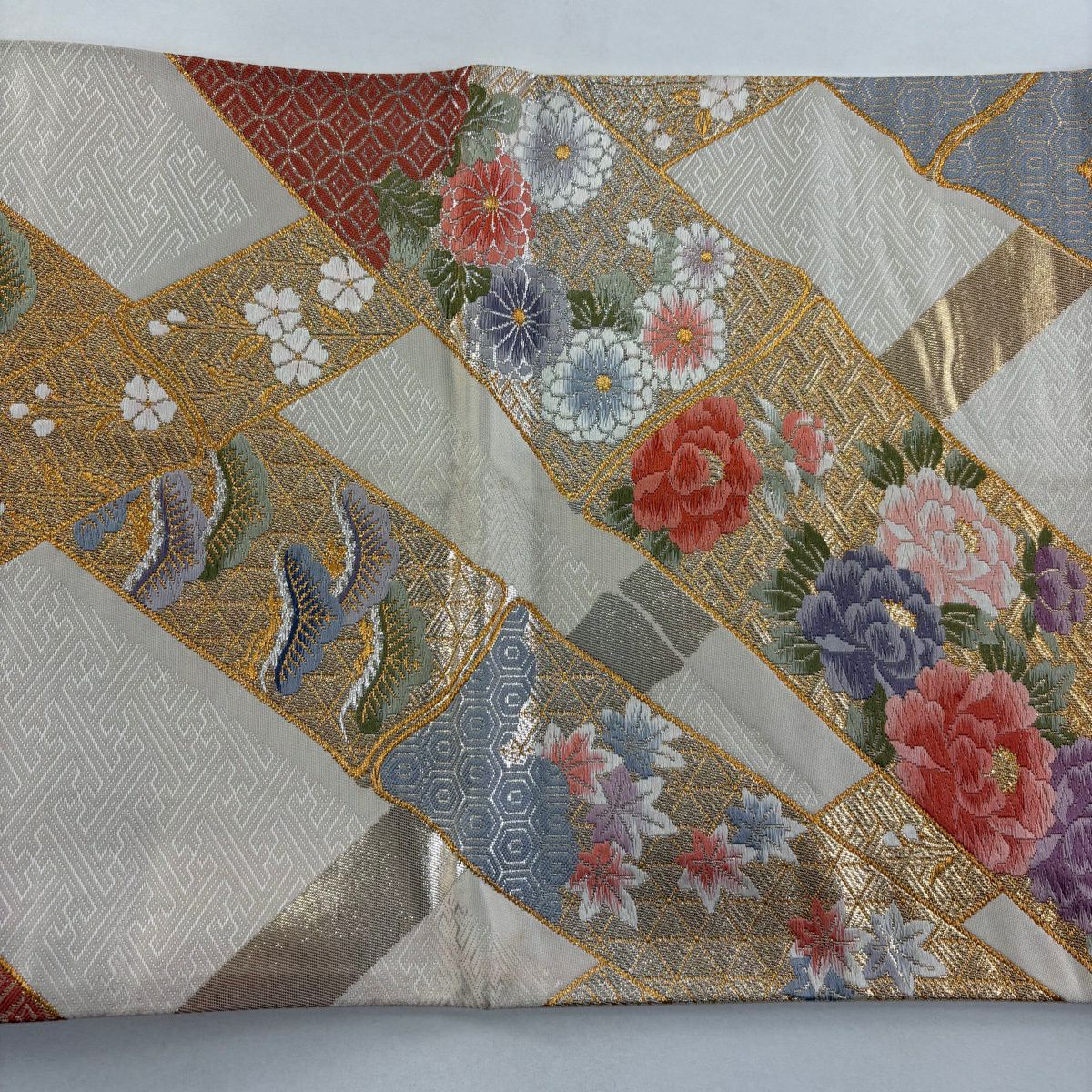 袋帶 名品級 證書齊全 竹子 草花紋 金絲 金金箔 奶油 六通 純蠶絲