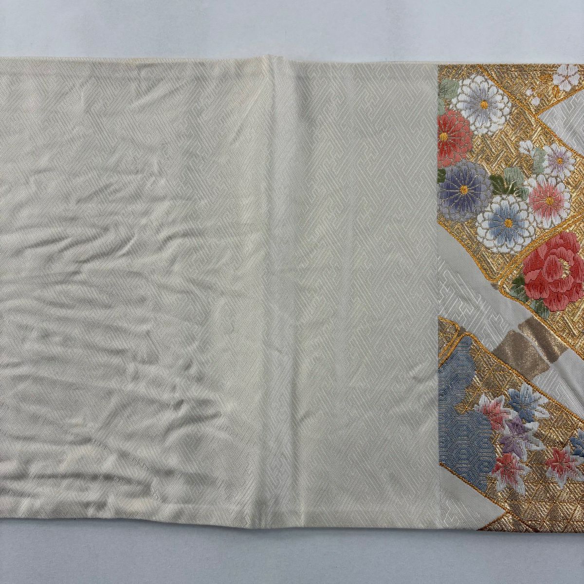 袋帶 名品級 證書齊全 竹子 草花紋 金絲 金金箔 奶油 六通 純蠶絲