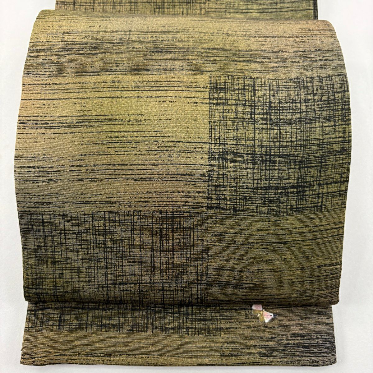【美品】 袋帶 名品級 附有落款 蝴蝶 幾何圖案 茶綠 全通 純蠶絲