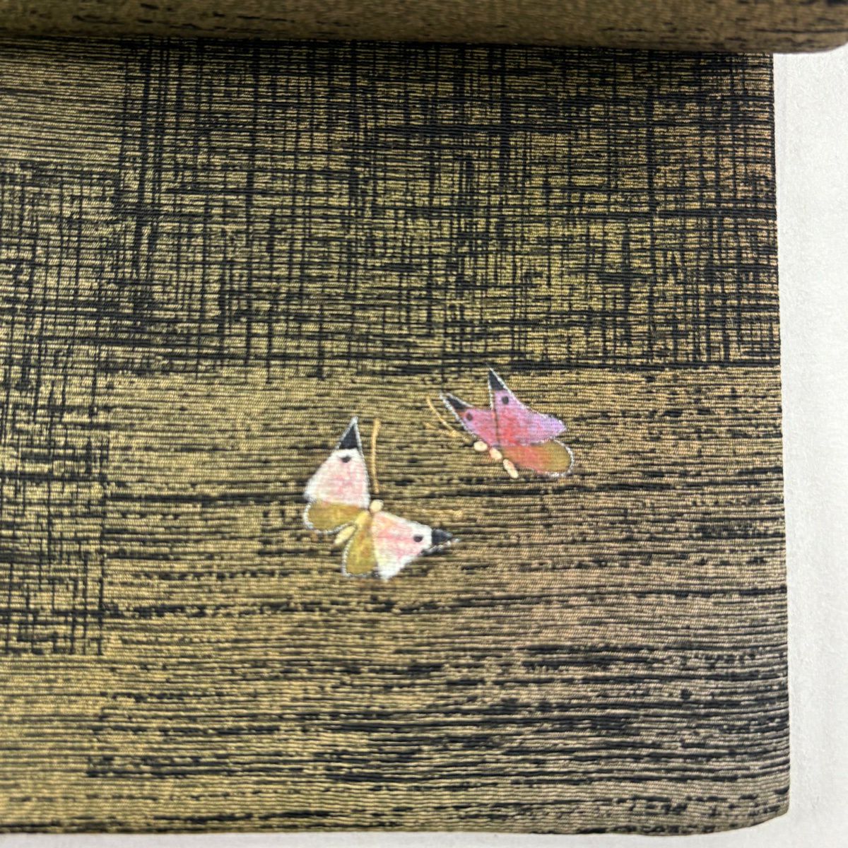 【美品】 袋帶 名品級 附有落款 蝴蝶 幾何圖案 茶綠 全通 純蠶絲