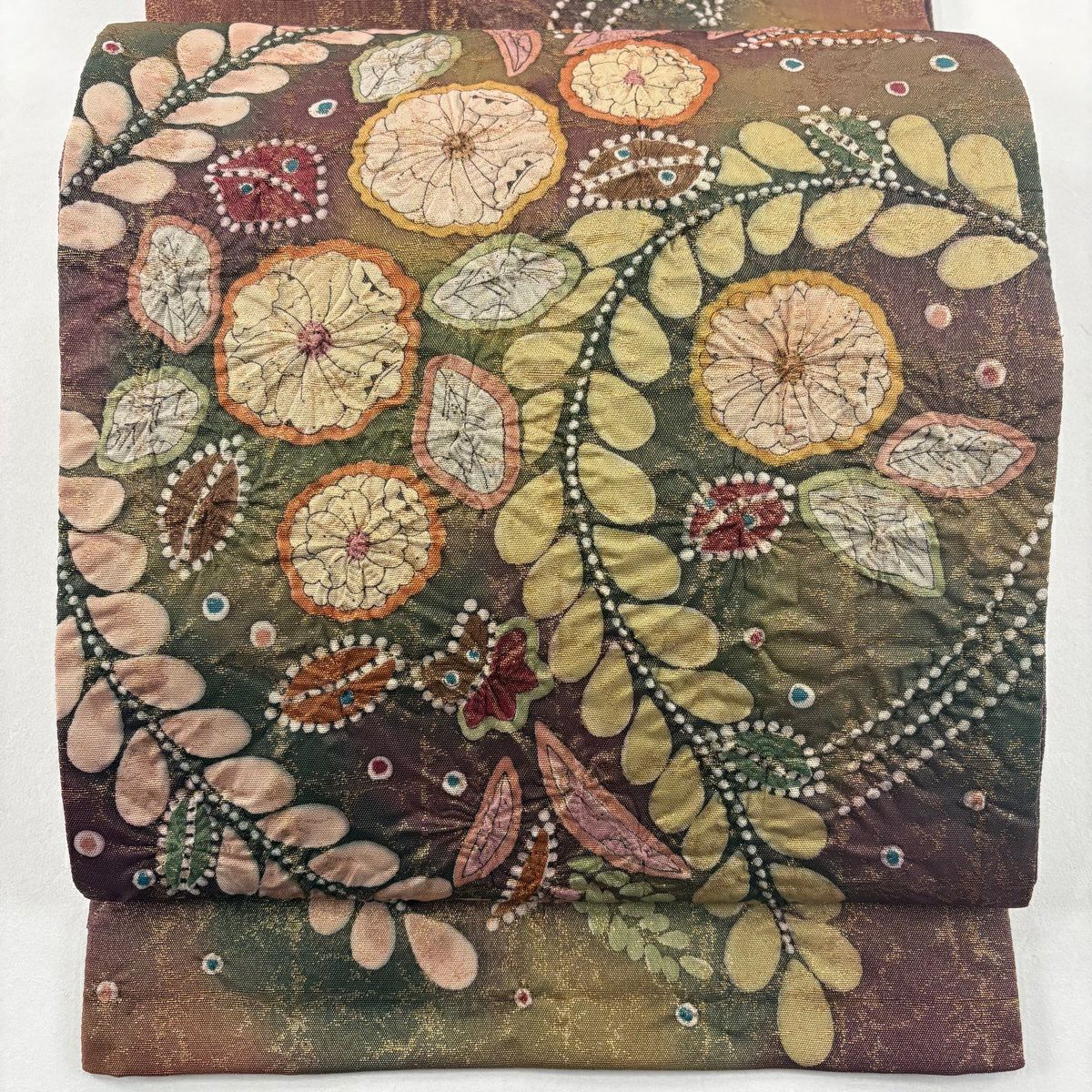 【美品】 袋帶 名品級 落款あり 辻花染 格子 金金箔 紅茶 お太鼓柄 純蠶絲