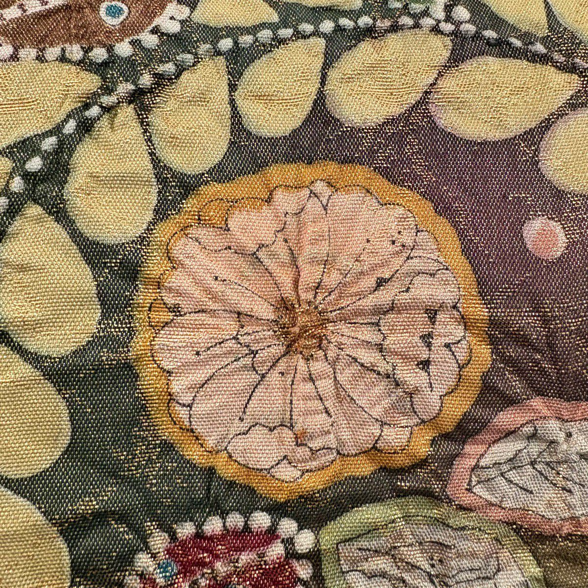 【美品】 袋帶 名品級 落款あり 辻花染 格子 金金箔 紅茶 お太鼓柄 純蠶絲