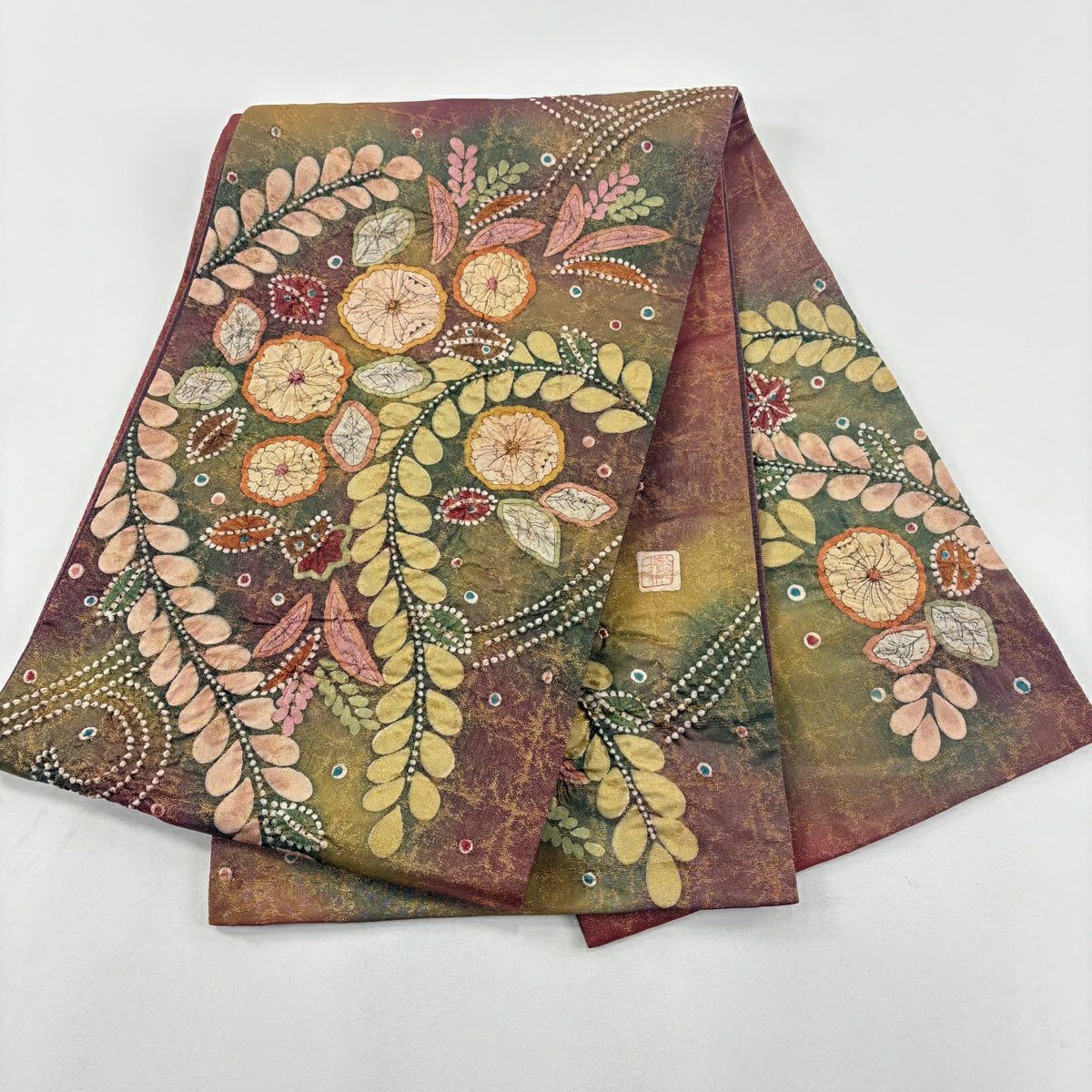 【美品】 袋帶 名品級 落款あり 辻花染 格子 金金箔 紅茶 お太鼓柄 純蠶絲