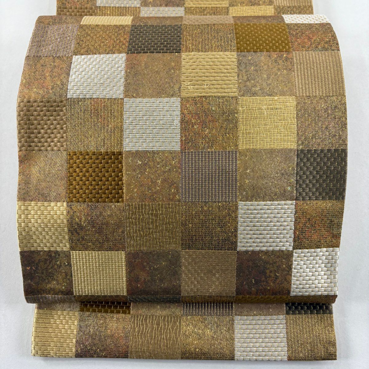 【美品】 袋帶 名品級 變化市松樹 金金箔 金絲 金色 六通 純蠶絲