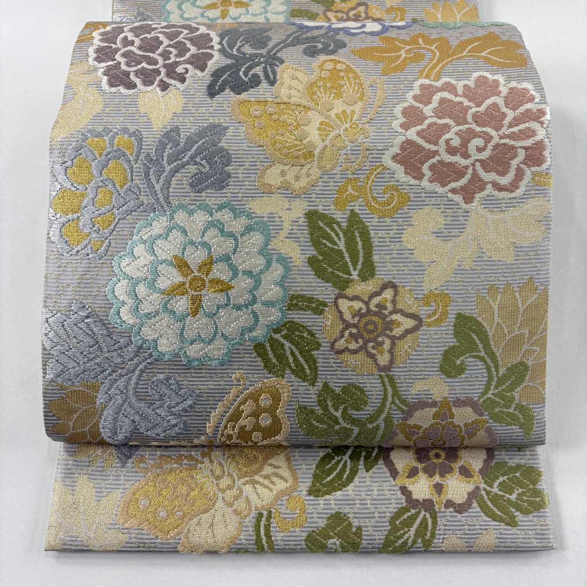 【美品】 袋帶 名品級 草花紋 蝶 金糸 金金箔 灰 深藍 六通 純蠶絲