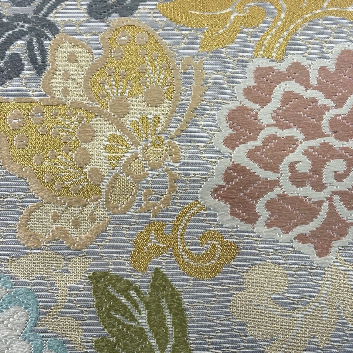 【美品】 袋帶 名品級 草花紋 蝶 金糸 金金箔 灰 深藍 六通 純蠶絲