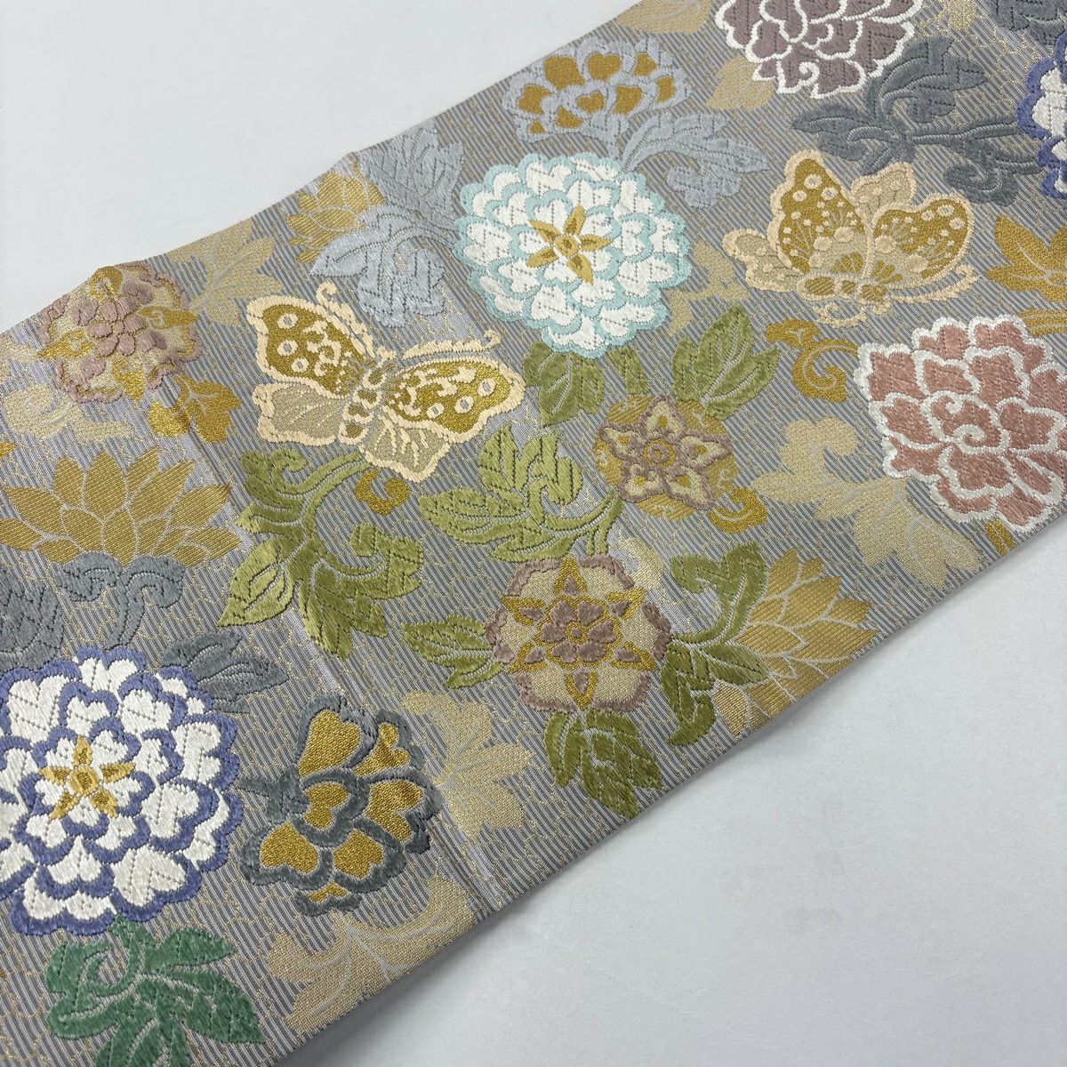 【美品】 袋帶 名品級 草花紋 蝶 金糸 金金箔 灰 深藍 六通 純蠶絲