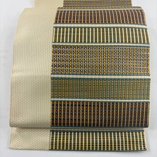 【美品】名古屋帶 名品級 松樹葉仕立 八寸名古屋帶 段紋 格子 薄黃 純蠶絲
