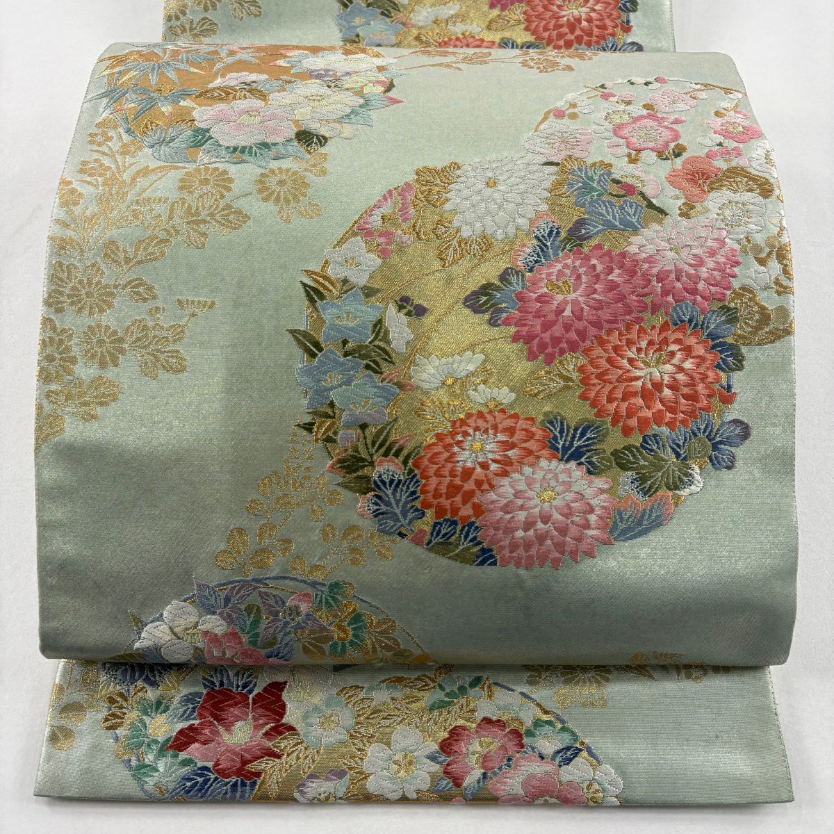 【美品】 袋帶 名品級 百貫華峰監修 菊花 梅花 金銀彩 金金箔 淺綠 六通 純蠶絲