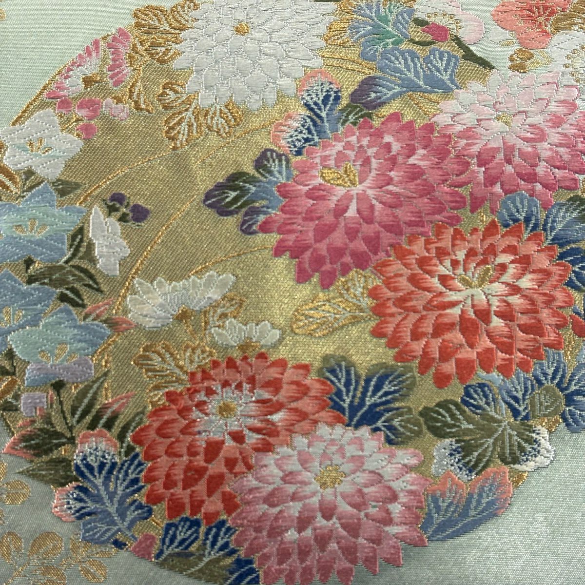 【美品】 袋帶 名品級 百貫華峰監修 菊花 梅花 金銀彩 金金箔 淺綠 六通 純蠶絲