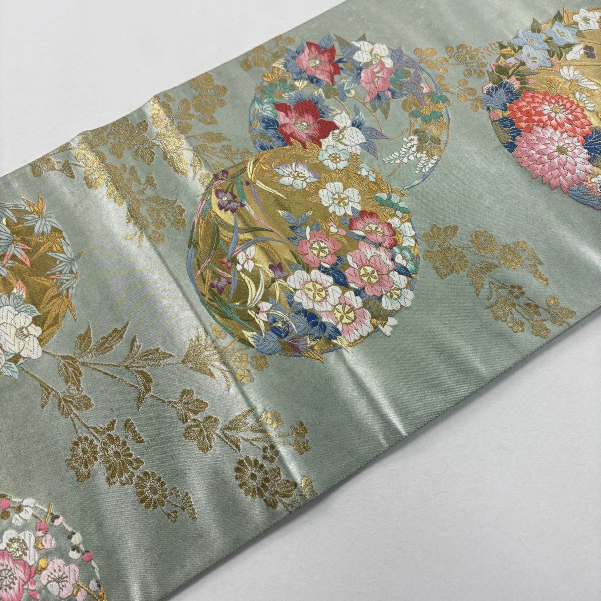 【美品】 袋帶 名品級 百貫華峰監修 菊花 梅花 金銀彩 金金箔 淺綠 六通 純蠶絲
