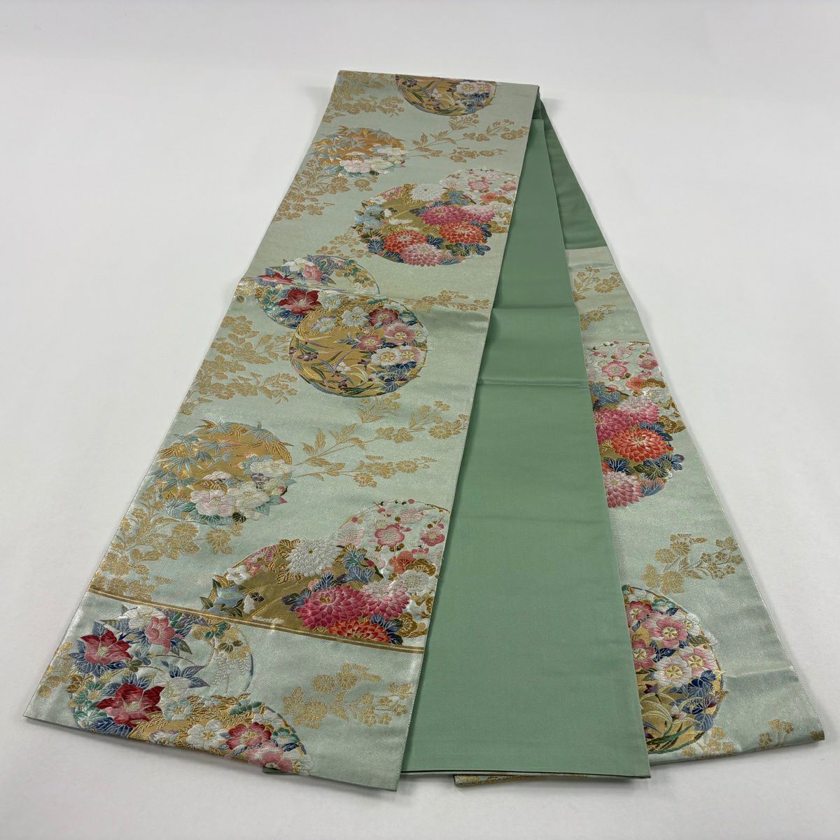 【美品】 袋帶 名品級 百貫華峰監修 菊花 梅花 金銀彩 金金箔 淺綠 六通 純蠶絲