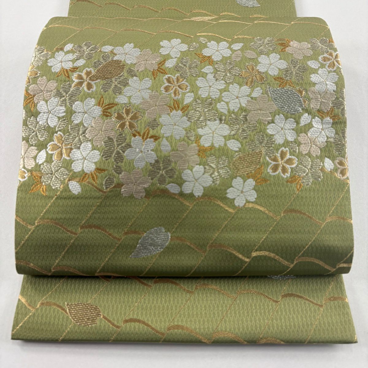 【美品】 袋帶 名品級 花井幸子 落款あり 樱花 花瓣 金銀線 鶯色 大鼓圖案 純蠶絲